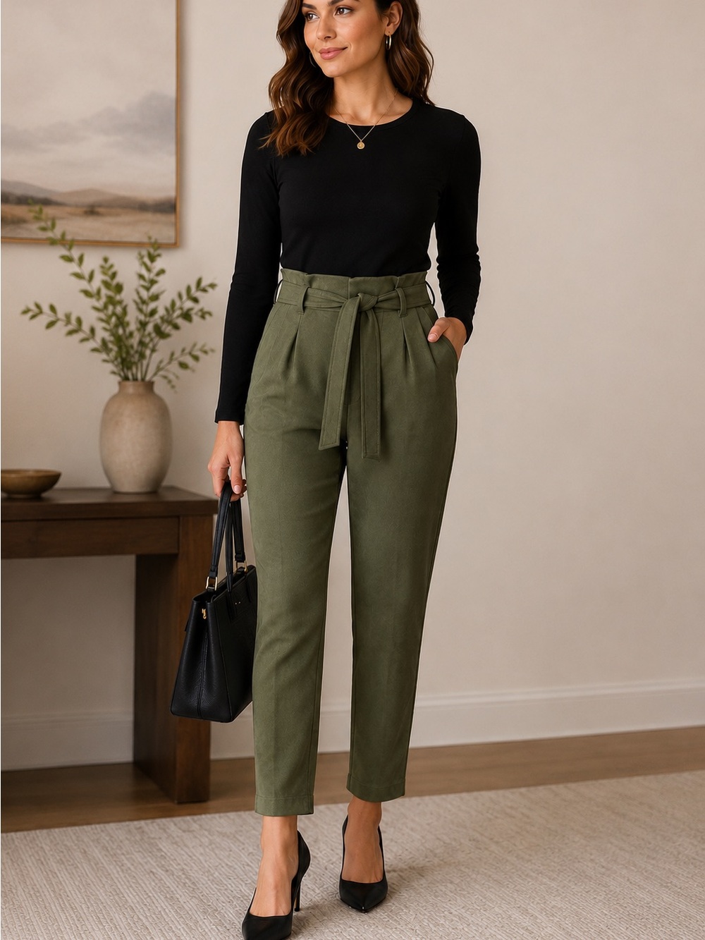DKNY Olive Green Faux Suede Paperbag Waist Tapered Ankle Pants Size 8 Boho